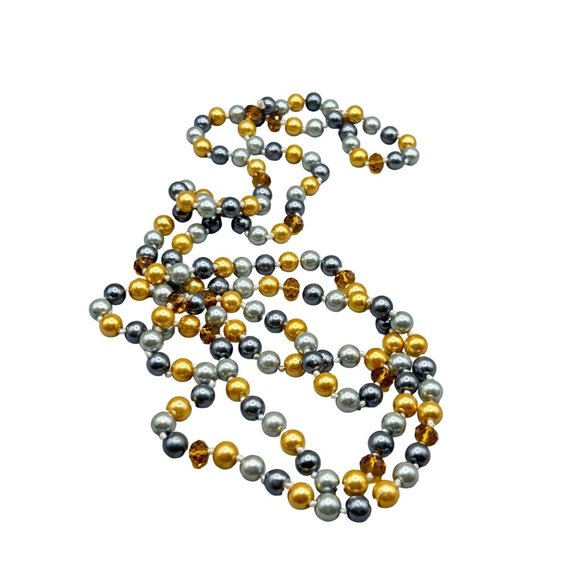 Long Strand Colored Faux Pearls & Crystals Necklace Gold Gray Color Hand Knotted - Picture 1 of 5